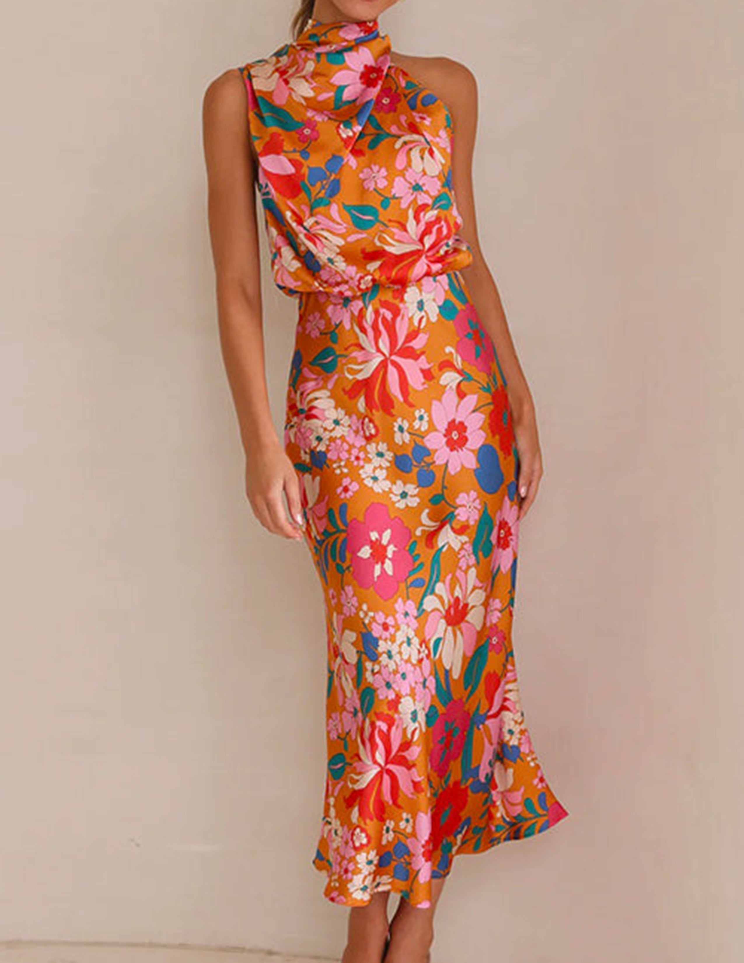 Botanical Halter Neck Elastic Waist Maxi Dress