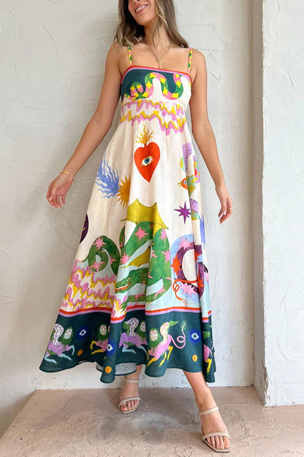 Blend Linen Unique Print Smocked Back Pocketed Midi Dress