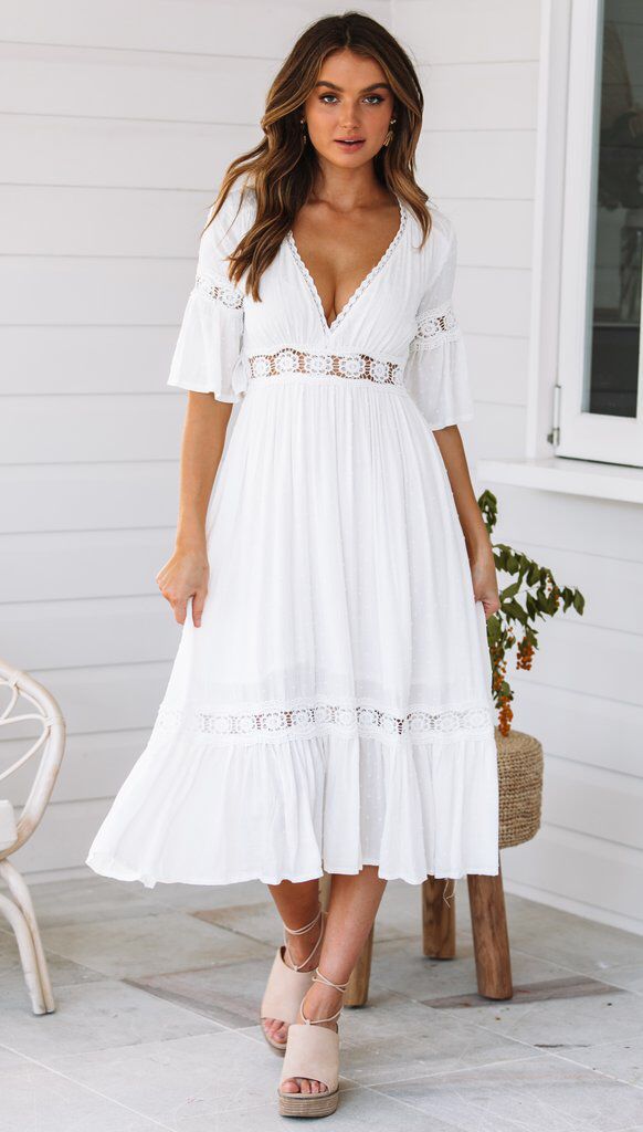 V White Neck Ruffle Hem Lace Dress