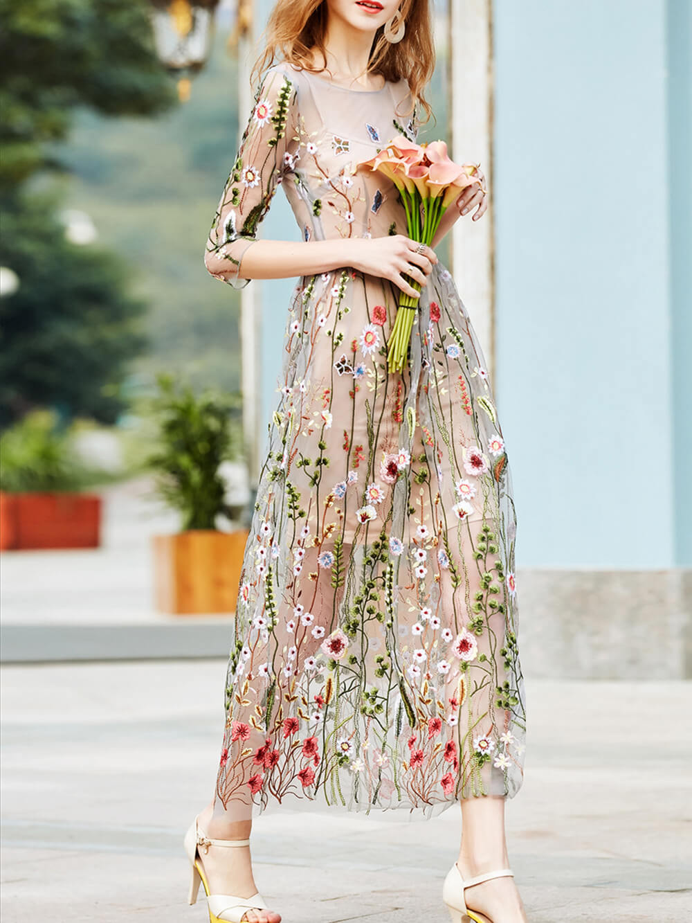 Garden Sheer Mini Dress Flower Embroidered