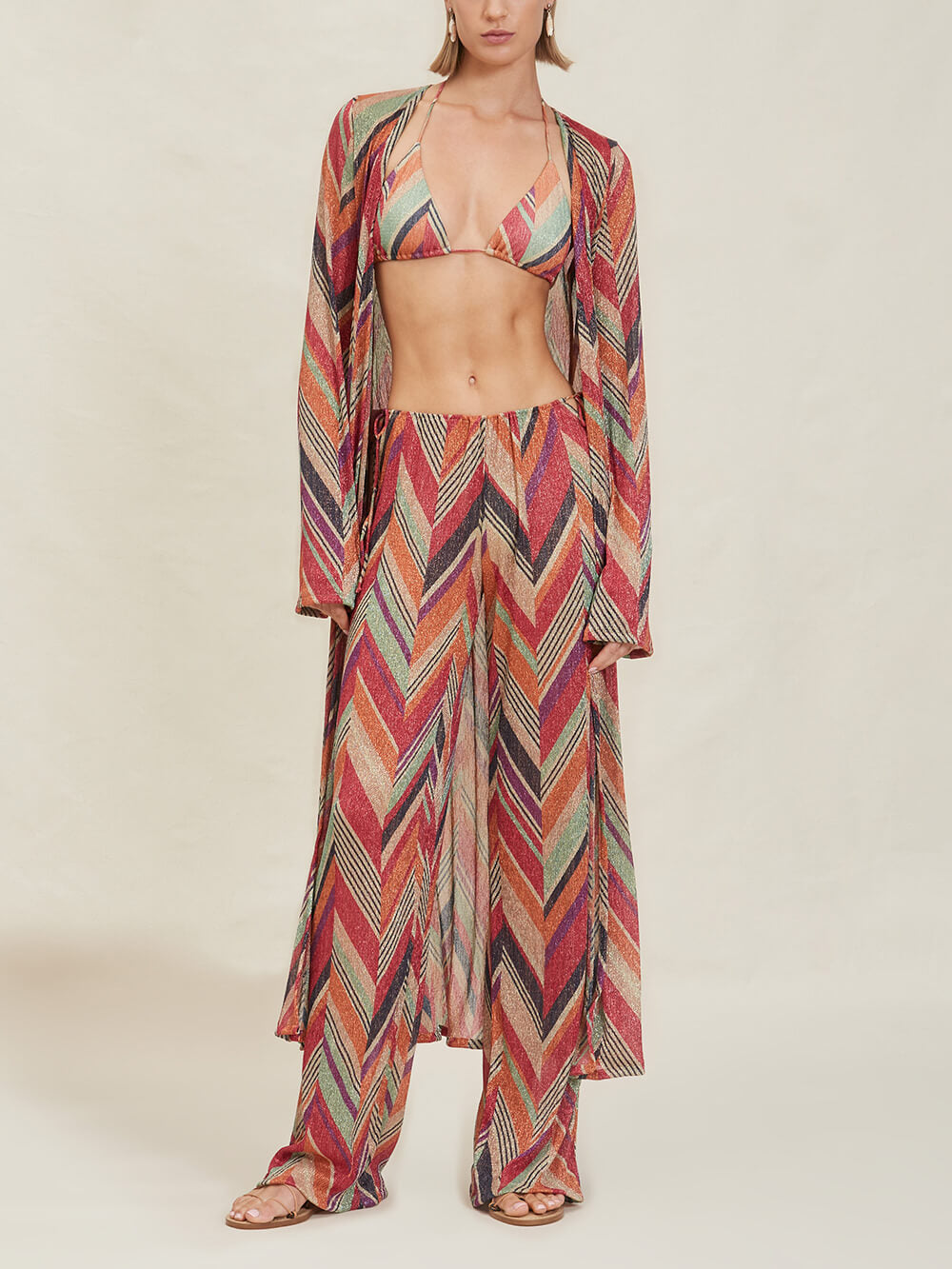 Resort Beach Geometric Print Bell Sleeve Cardigan Midi Dress