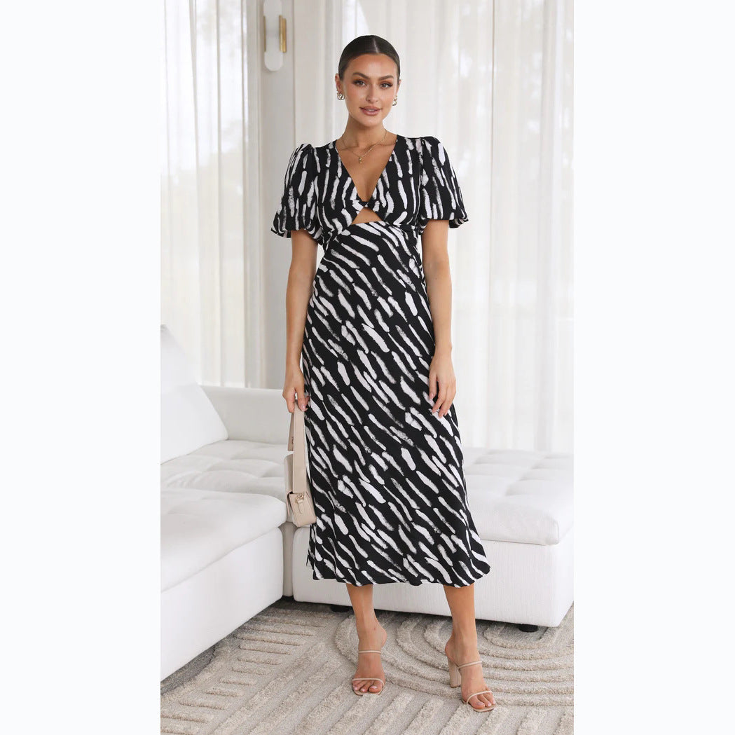 V Printed Neck A Line Midi Dress for a Fresh Style