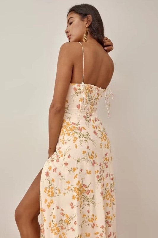 Botanical Lace Up Split Midi Dress