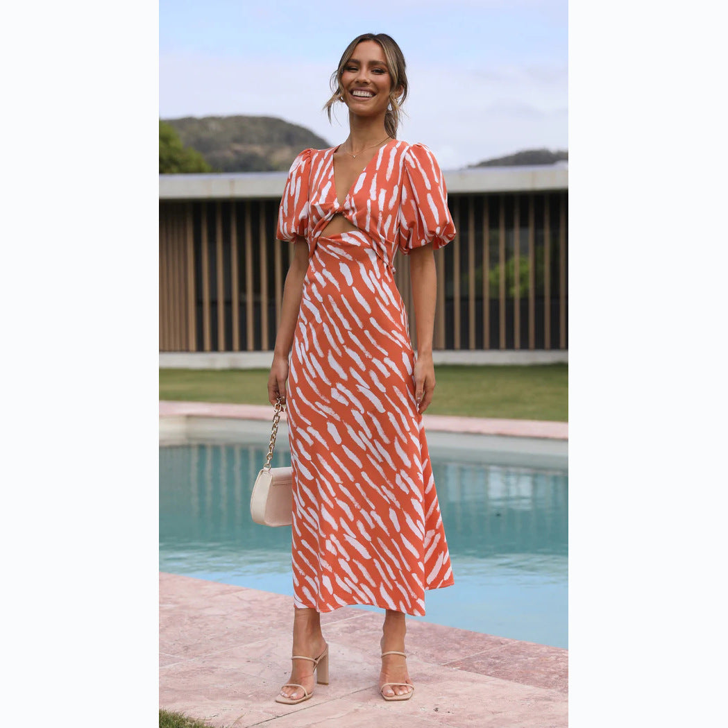 V Printed Neck A Line Midi Dress for a Fresh Style