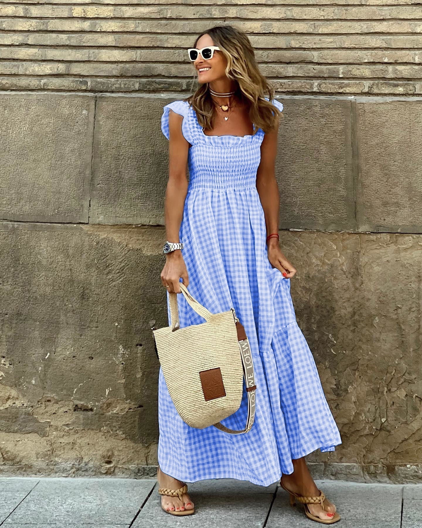 Ruffled Plaid Sleeve Smocked Maxi Dress