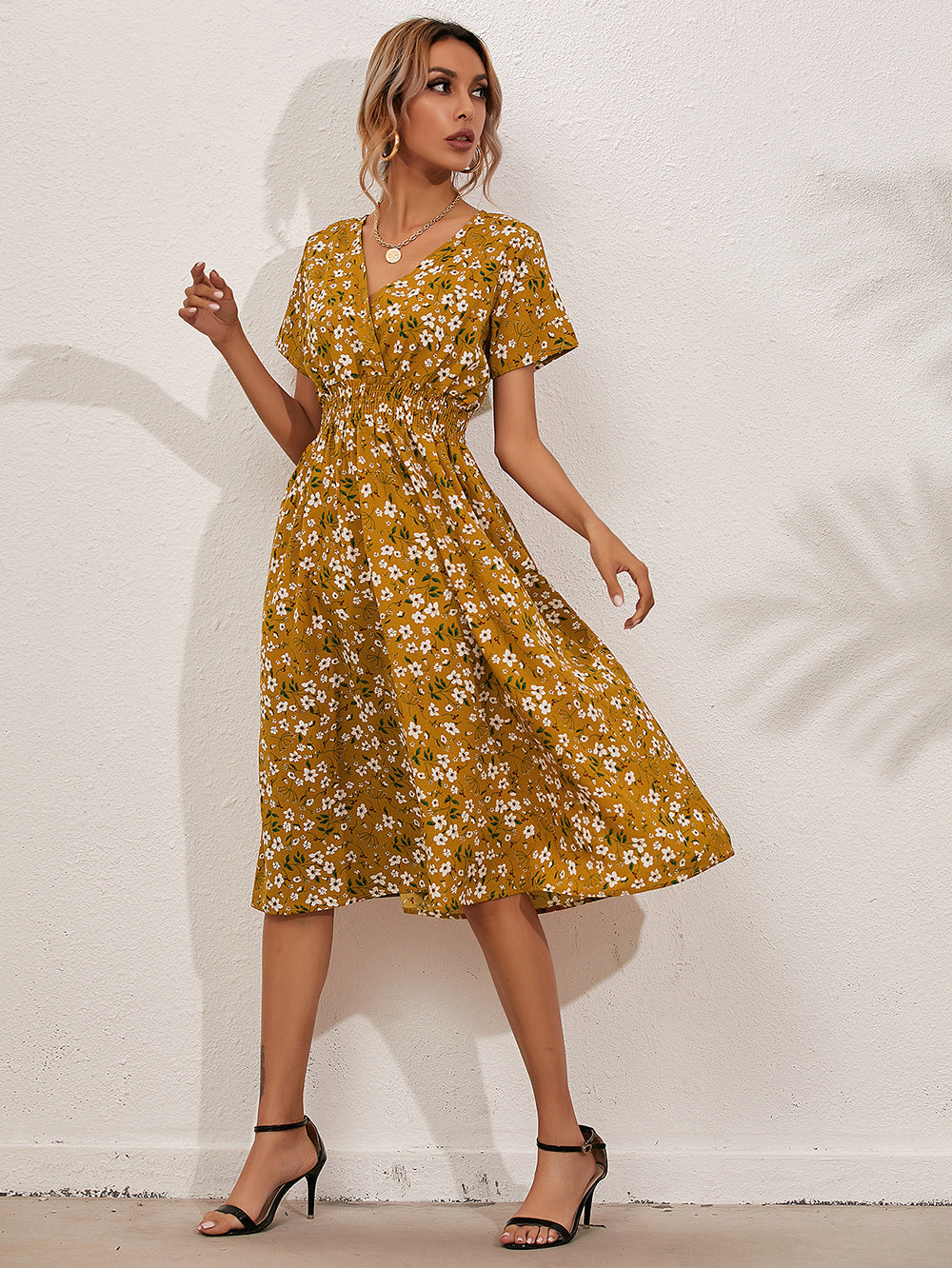 Fashion Casual Small Botanical Short sleeved Midi Dresses