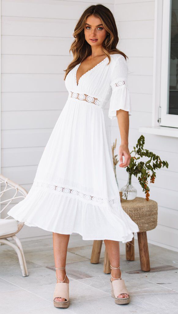 V White Neck Ruffle Hem Lace Dress