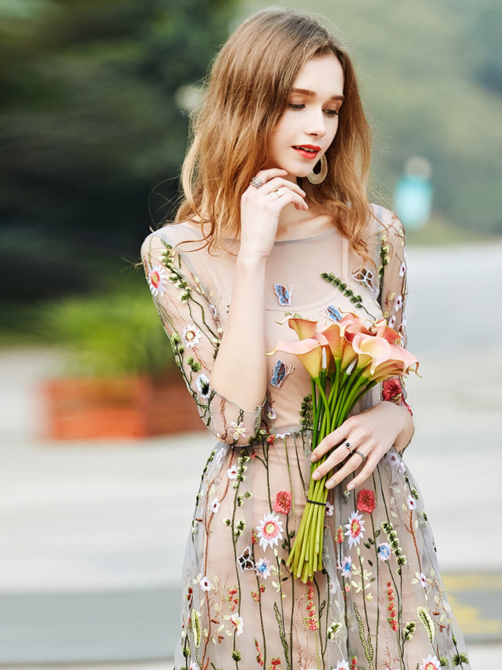 Garden Sheer Mini Dress Flower Embroidered