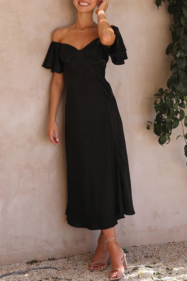 Split Side Midi Dress: Off The Shoulder Flutter Sleeve