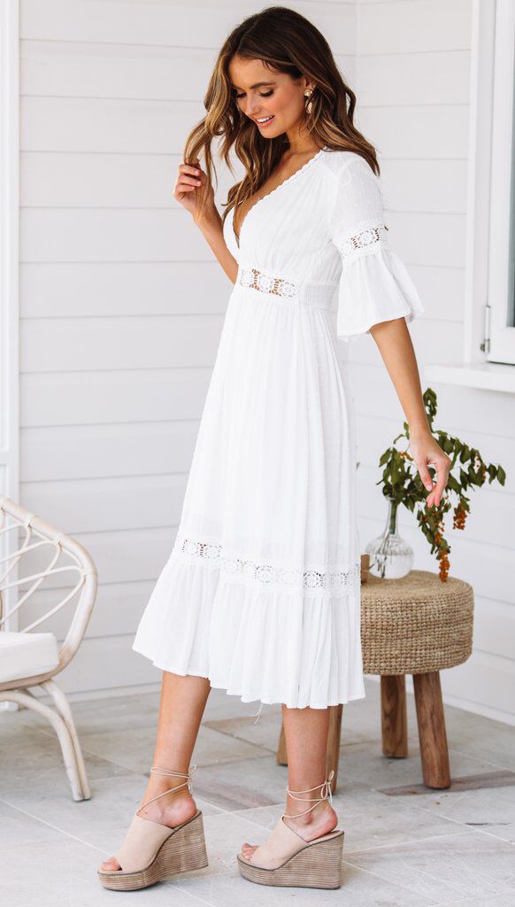 V White Neck Ruffle Hem Lace Dress