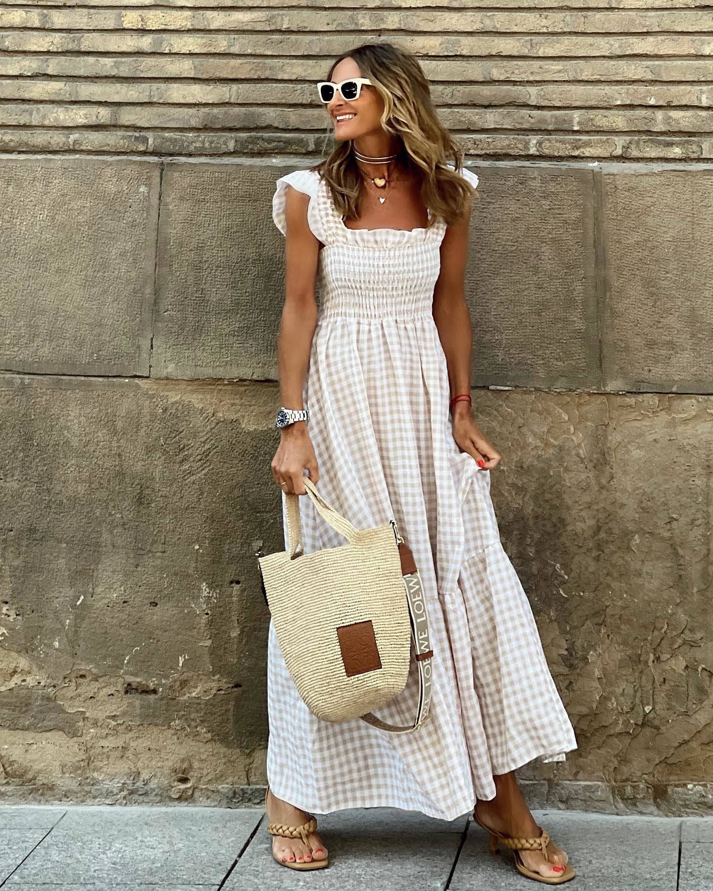 Ruffled Plaid Sleeve Smocked Maxi Dress