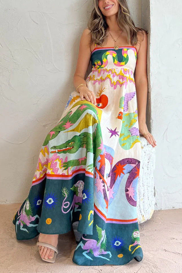 Blend Linen Unique Print Smocked Back Pocketed Midi Dress