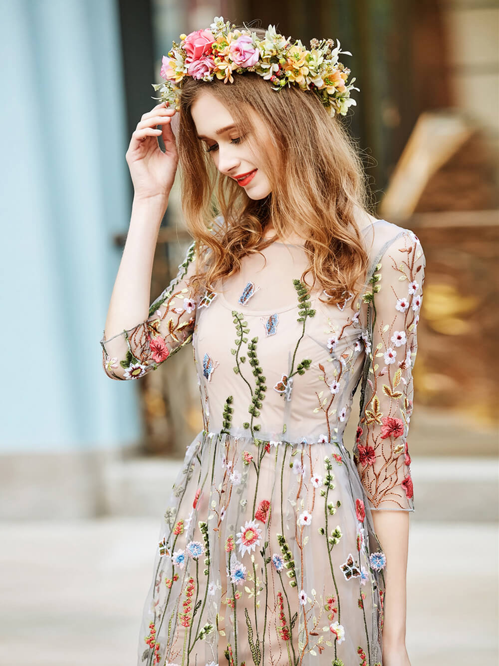 Garden Sheer Mini Dress Flower Embroidered