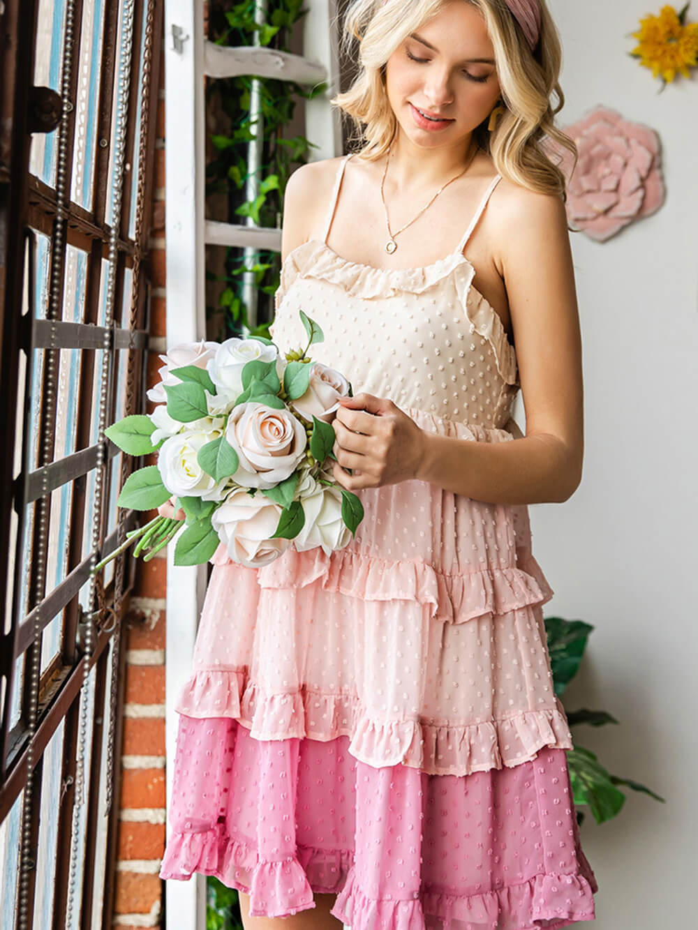 Color Fairy Block Swiss Dot Ruffled Tiered Spaghetti Strap Dress