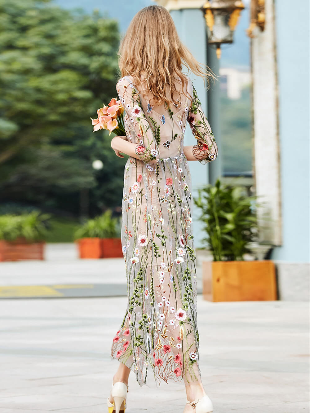 Garden Sheer Mini Dress Flower Embroidered
