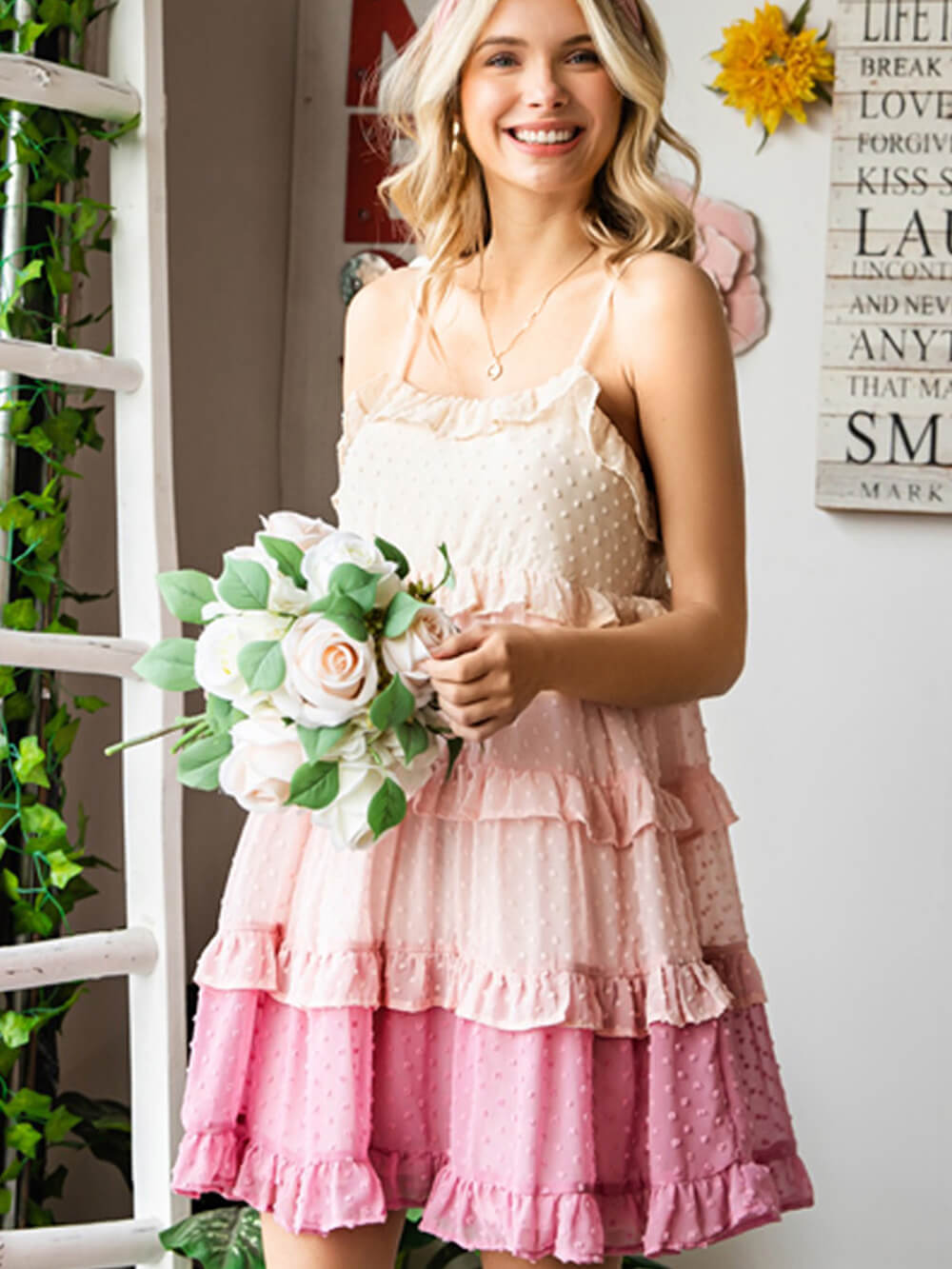 Color Fairy Block Swiss Dot Ruffled Tiered Spaghetti Strap Dress