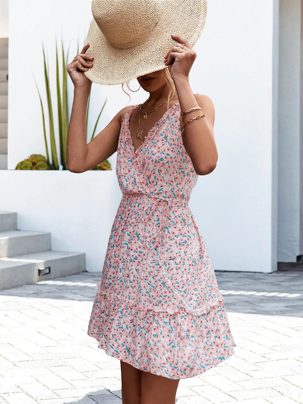 Women Attractive V neck Ruffles Sun Dress
