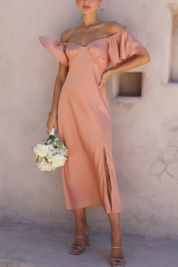 Split Side Midi Dress: Off The Shoulder Flutter Sleeve