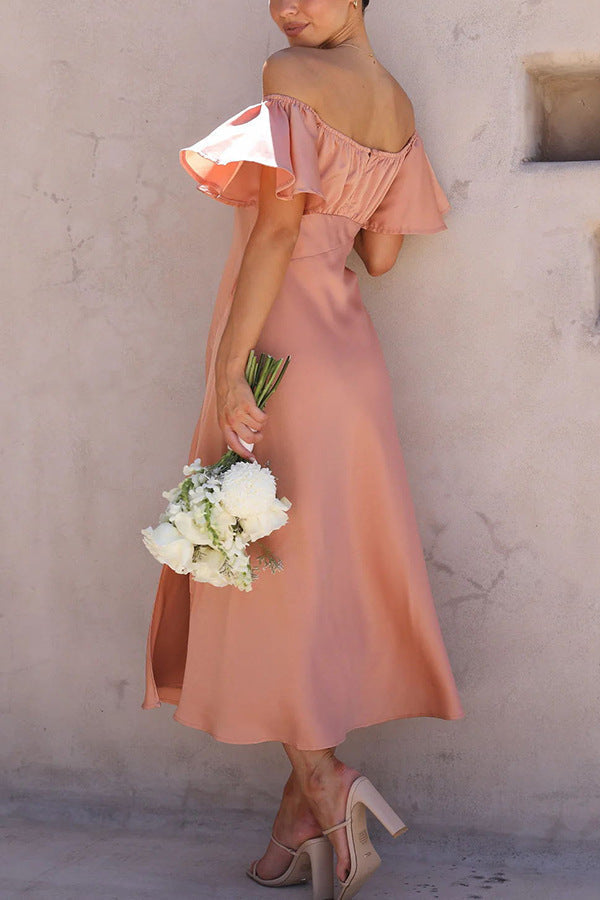 Split Side Midi Dress: Off The Shoulder Flutter Sleeve