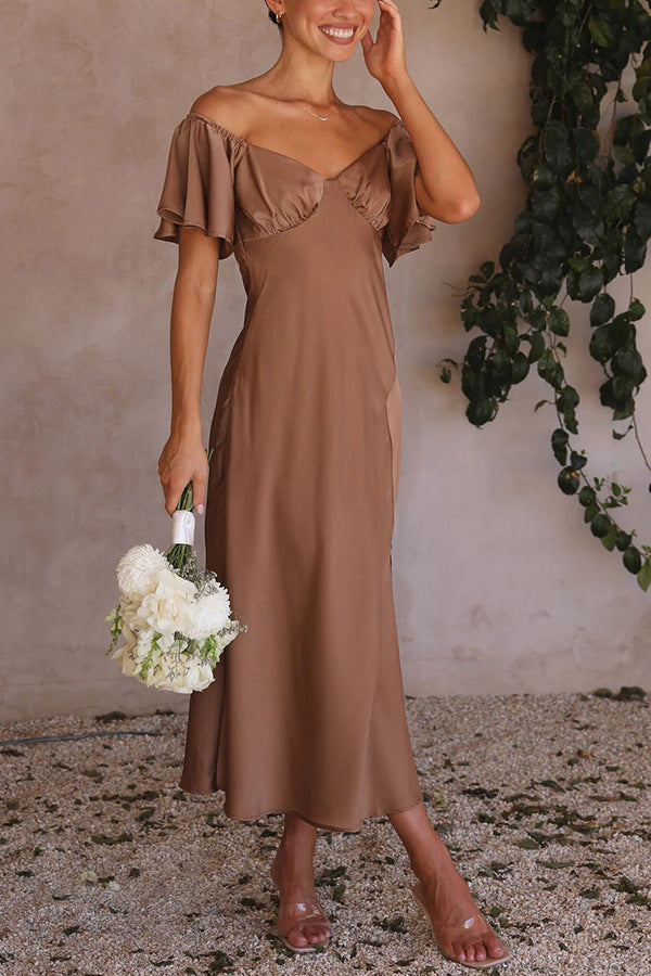 Split Side Midi Dress: Off The Shoulder Flutter Sleeve