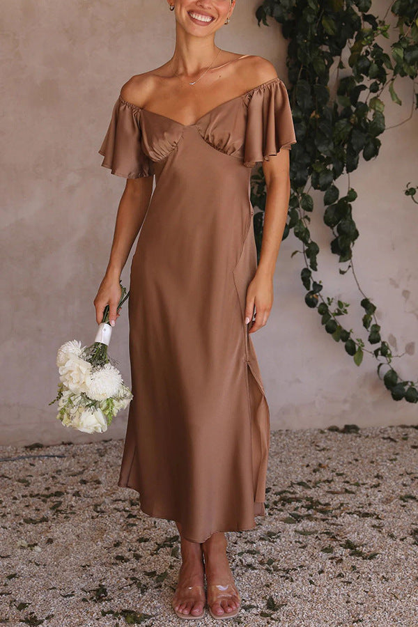 Split Side Midi Dress: Off The Shoulder Flutter Sleeve