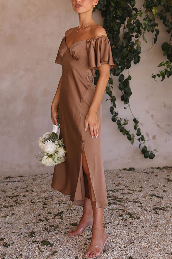Split Side Midi Dress: Off The Shoulder Flutter Sleeve
