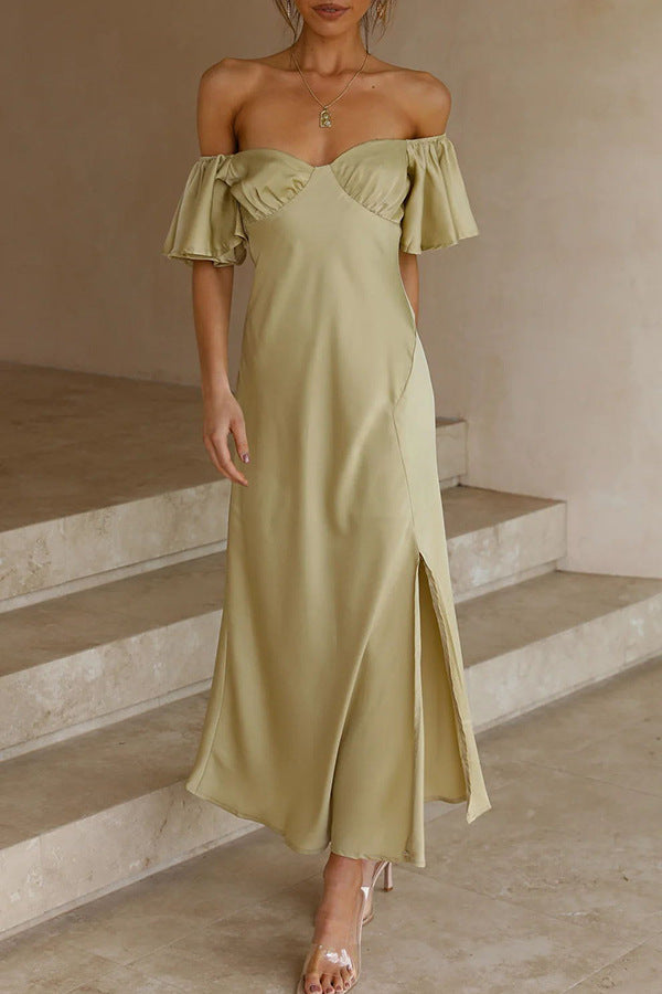 Split Side Midi Dress: Off The Shoulder Flutter Sleeve