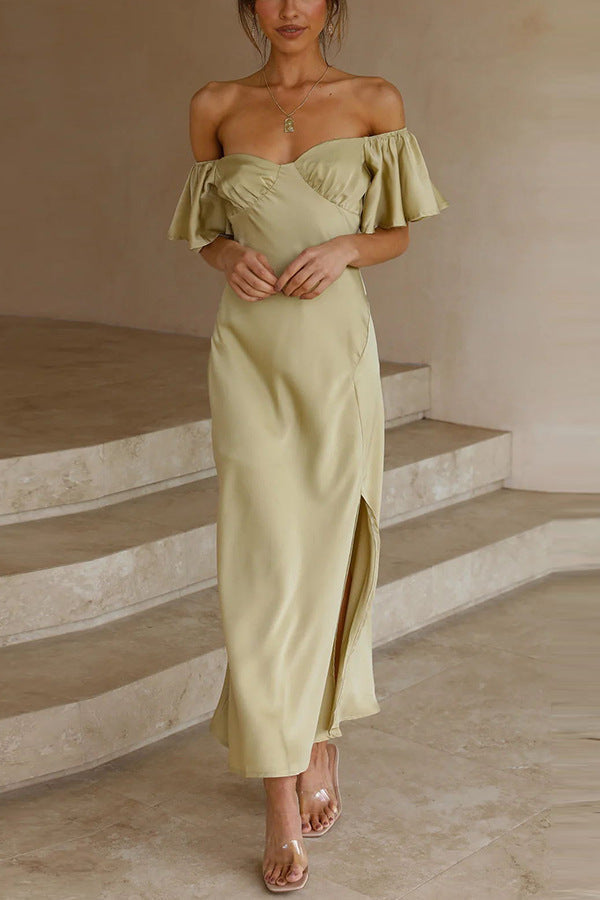 Split Side Midi Dress: Off The Shoulder Flutter Sleeve
