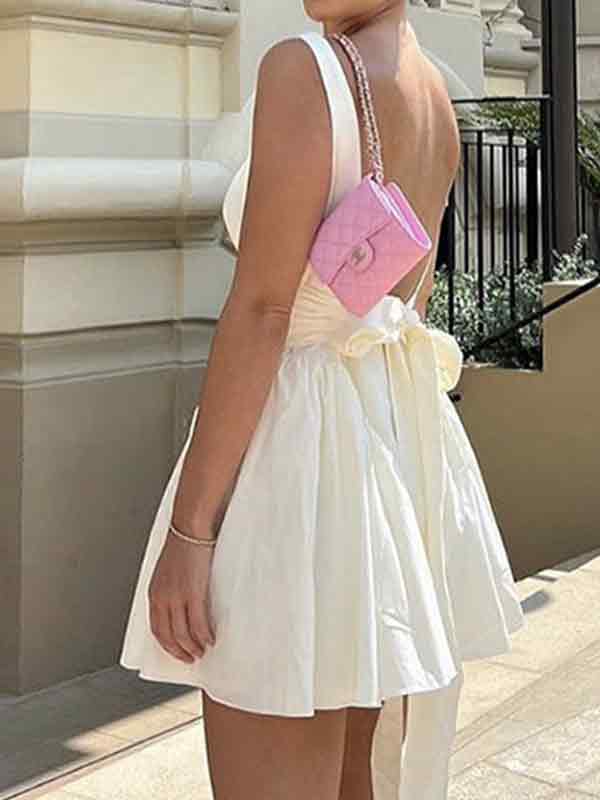 Backless French Lace Up Mini Dress with Tie Back