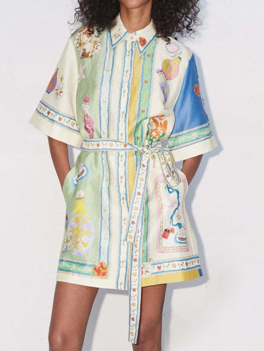 Exquisite Unique Oil Painting Print Lace Up Cardigan Mini Dress