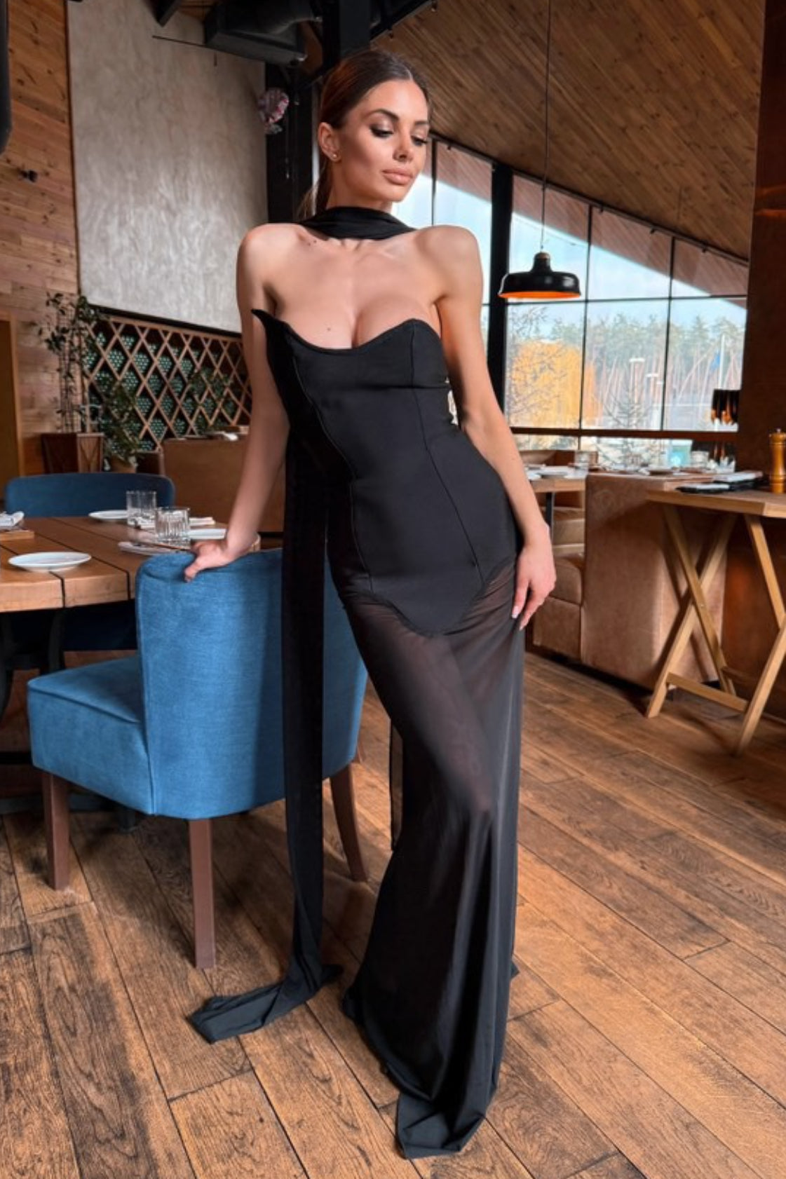 Draped Tie Chic Mesh Patch Tube Prom Dress
