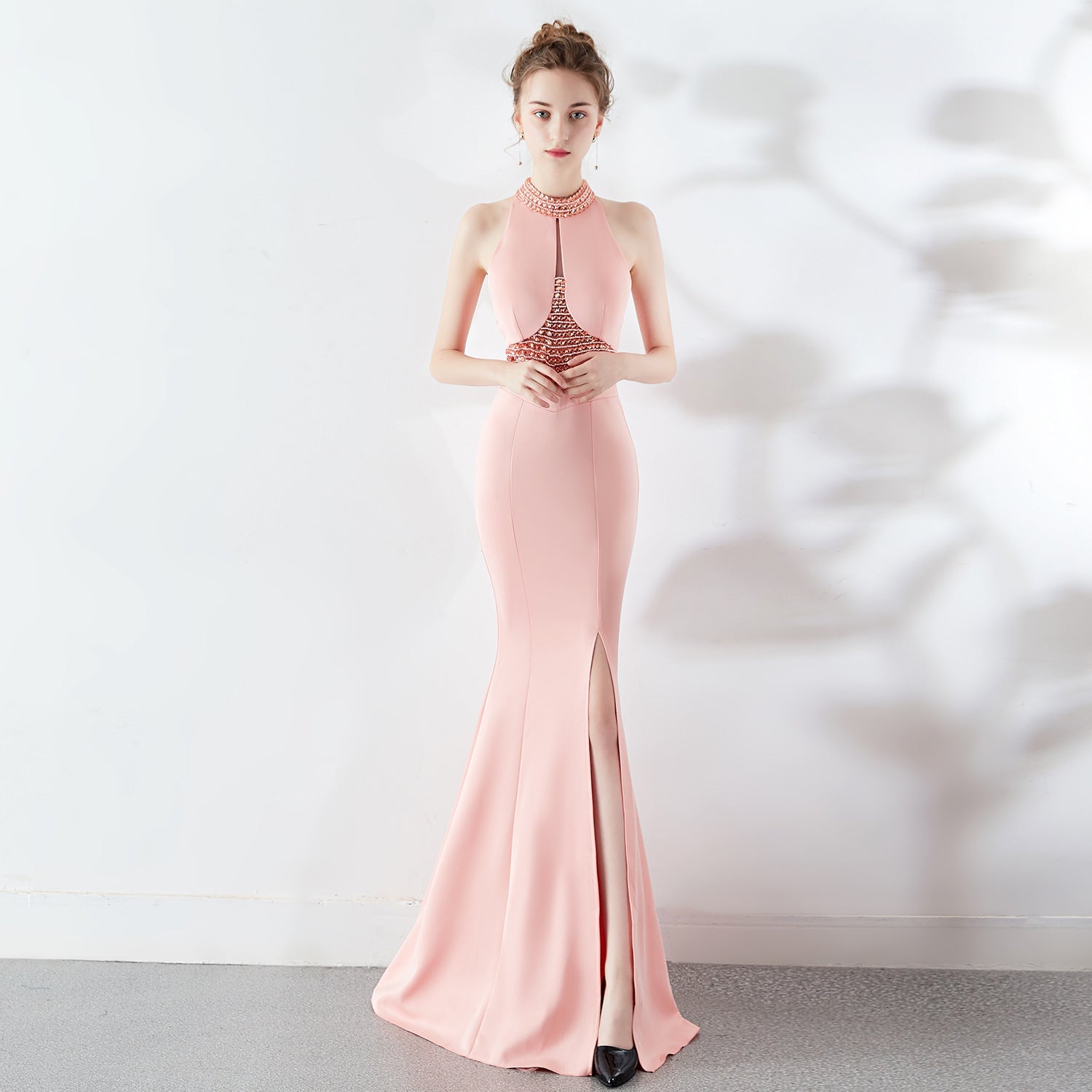 Autumn Extended Red Fishtail Halter Wedding Banquet Evening Dress Dress Formal Gown