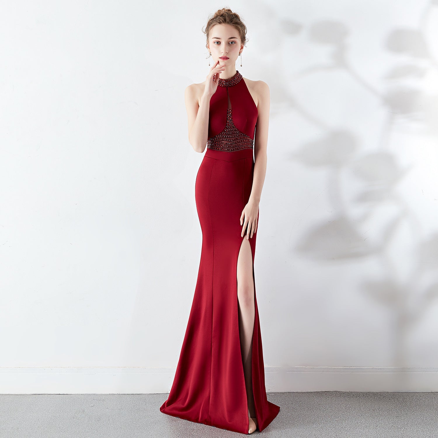 Autumn Extended Red Fishtail Halter Wedding Banquet Evening Dress Dress Formal Gown