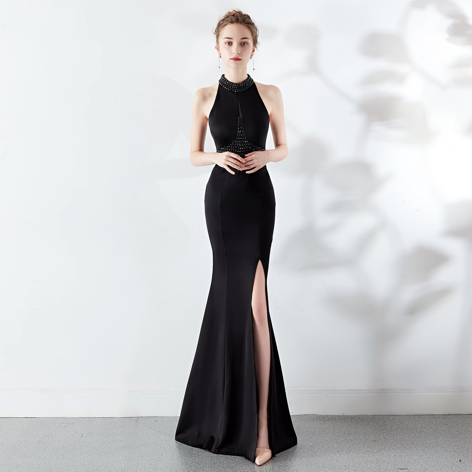 Autumn Extended Red Fishtail Halter Wedding Banquet Evening Dress Dress Formal Gown