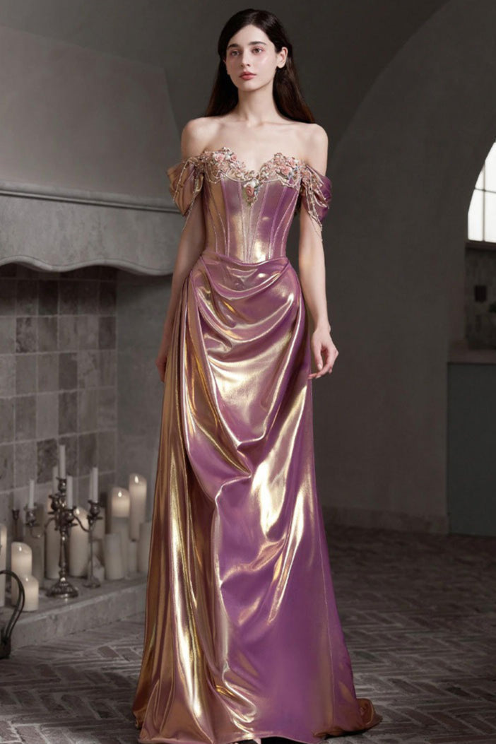 Off Shoulder Ruched Satin Graceful Prom Dress