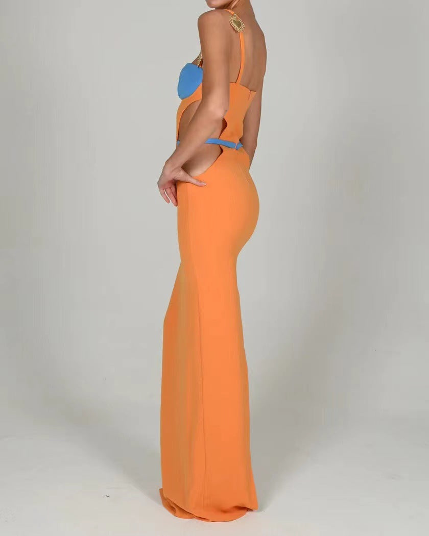 Alloy Ornament Hollow Out Cutout Backless Split Bandage Maxi Dress