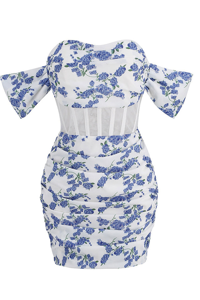 Blue Print Ruched Bloom Mini Dress