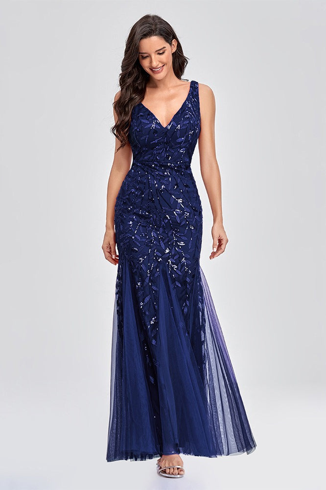 V Neck Sheer Embroidered Sequin Chic Prom Dress