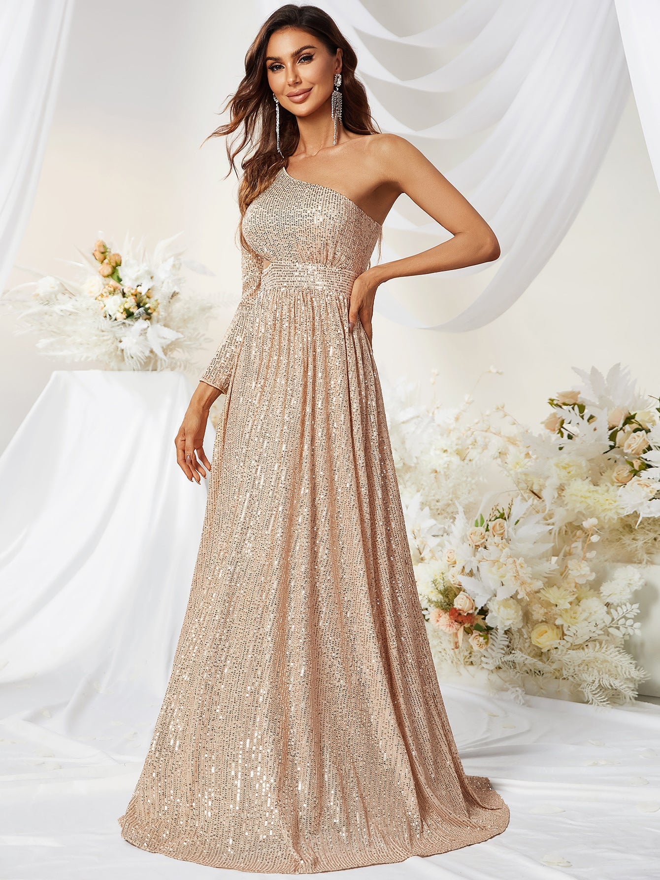 Sequined One Sleeve Side Waist Hollow Out Cutout Out Prom Evening Dress Fishtail Graceful Dress