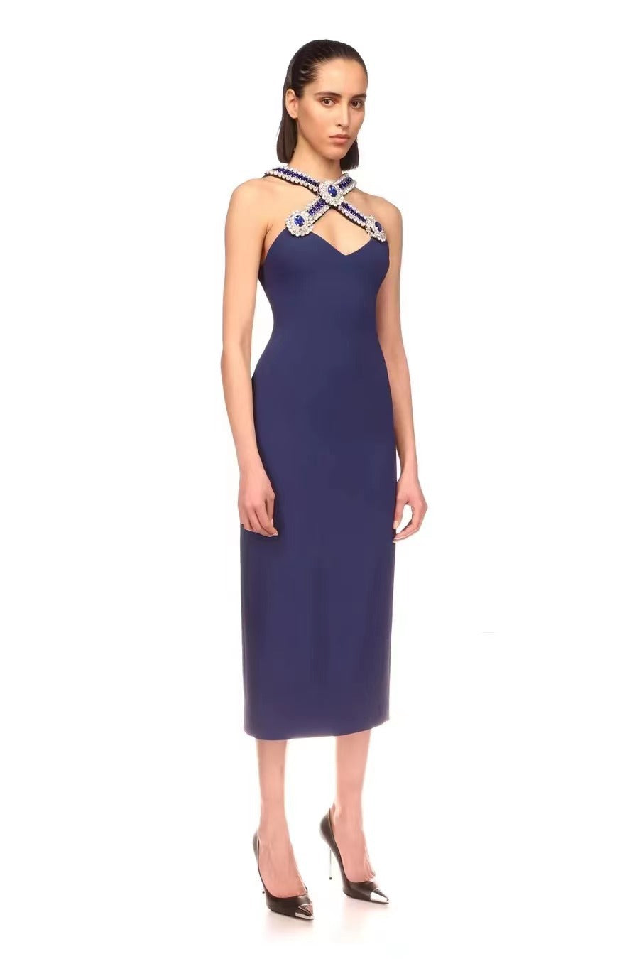 Summer Royal Blue V neck Bandage Maxi Dress Diamond Cross Design Polished Dress