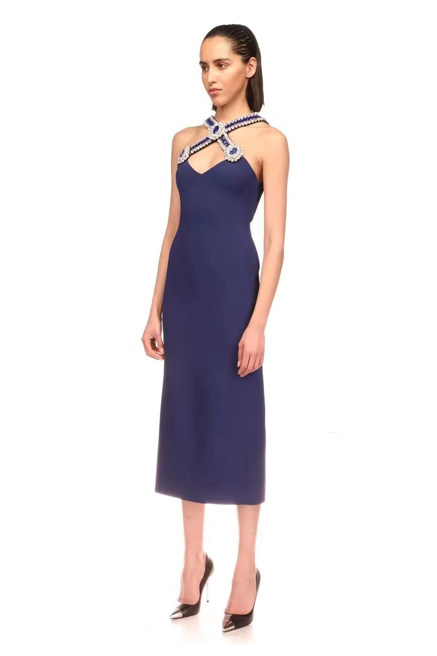 Summer Royal Blue V neck Bandage Maxi Dress Diamond Cross Design Polished Dress