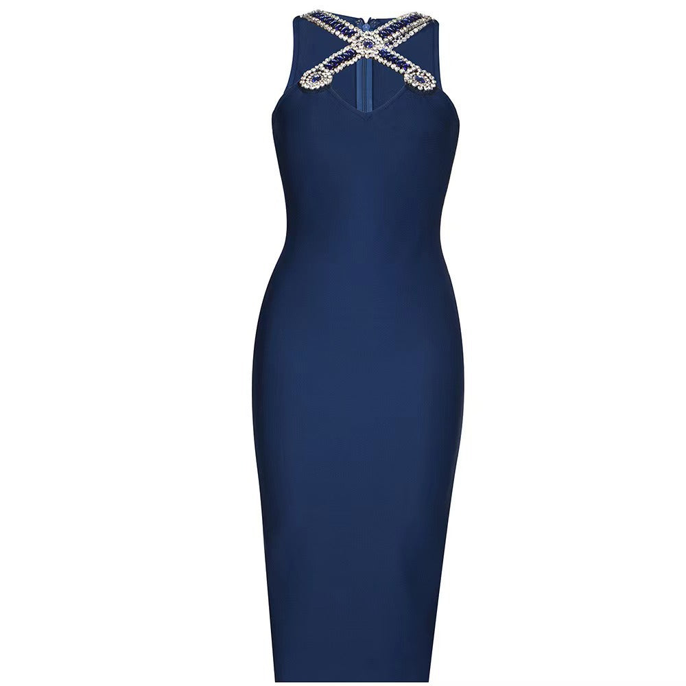 Summer Royal Blue V neck Bandage Maxi Dress Diamond Cross Design Polished Dress