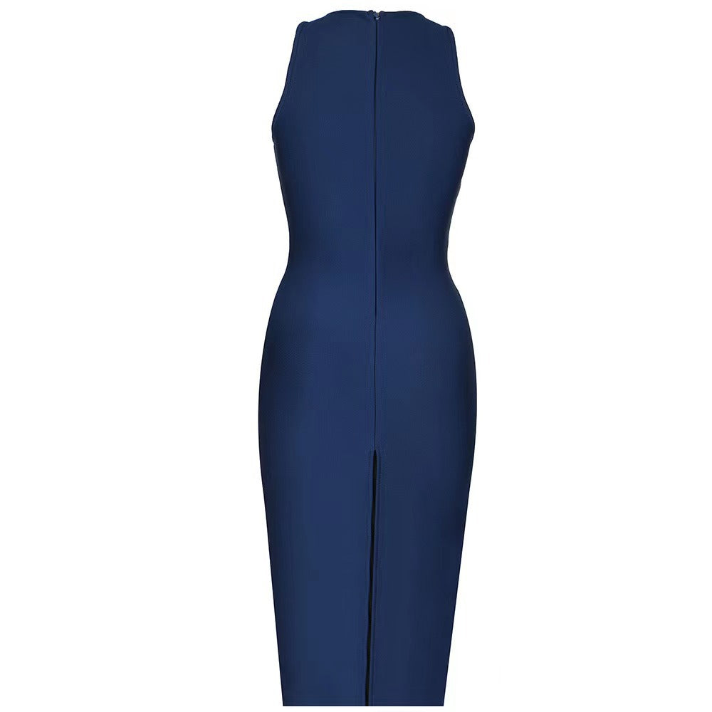Summer Royal Blue V neck Bandage Maxi Dress Diamond Cross Design Polished Dress
