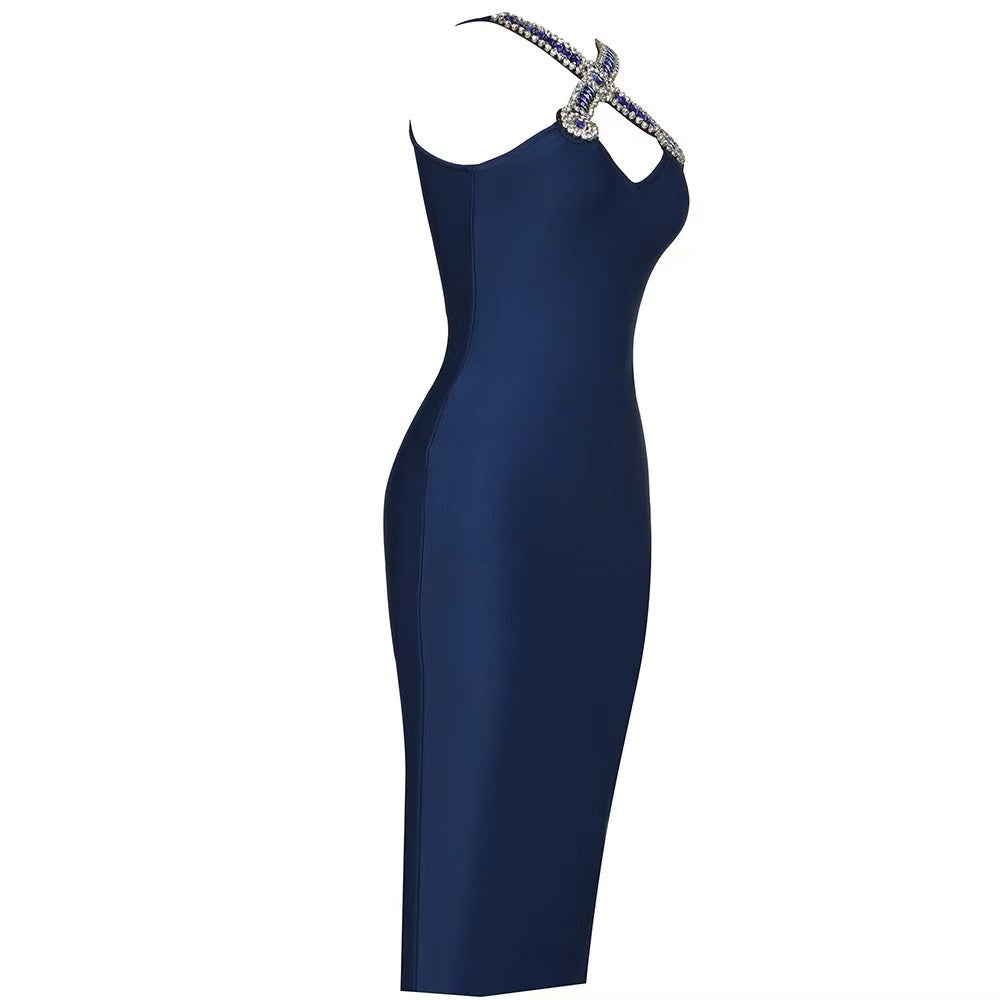 Summer Royal Blue V neck Bandage Maxi Dress Diamond Cross Design Polished Dress