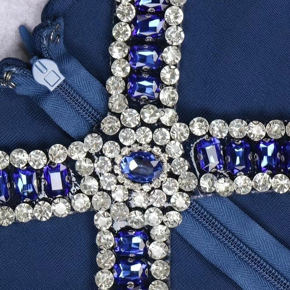 Summer Royal Blue V neck Bandage Maxi Dress Diamond Cross Design Polished Dress