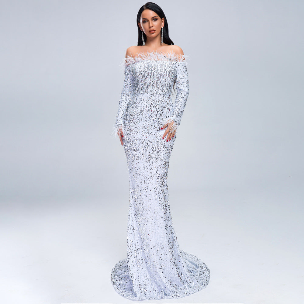Sequined Evening Dress Women Attractive off Shoulder Feather Long Sleeve Party Maxi Dress