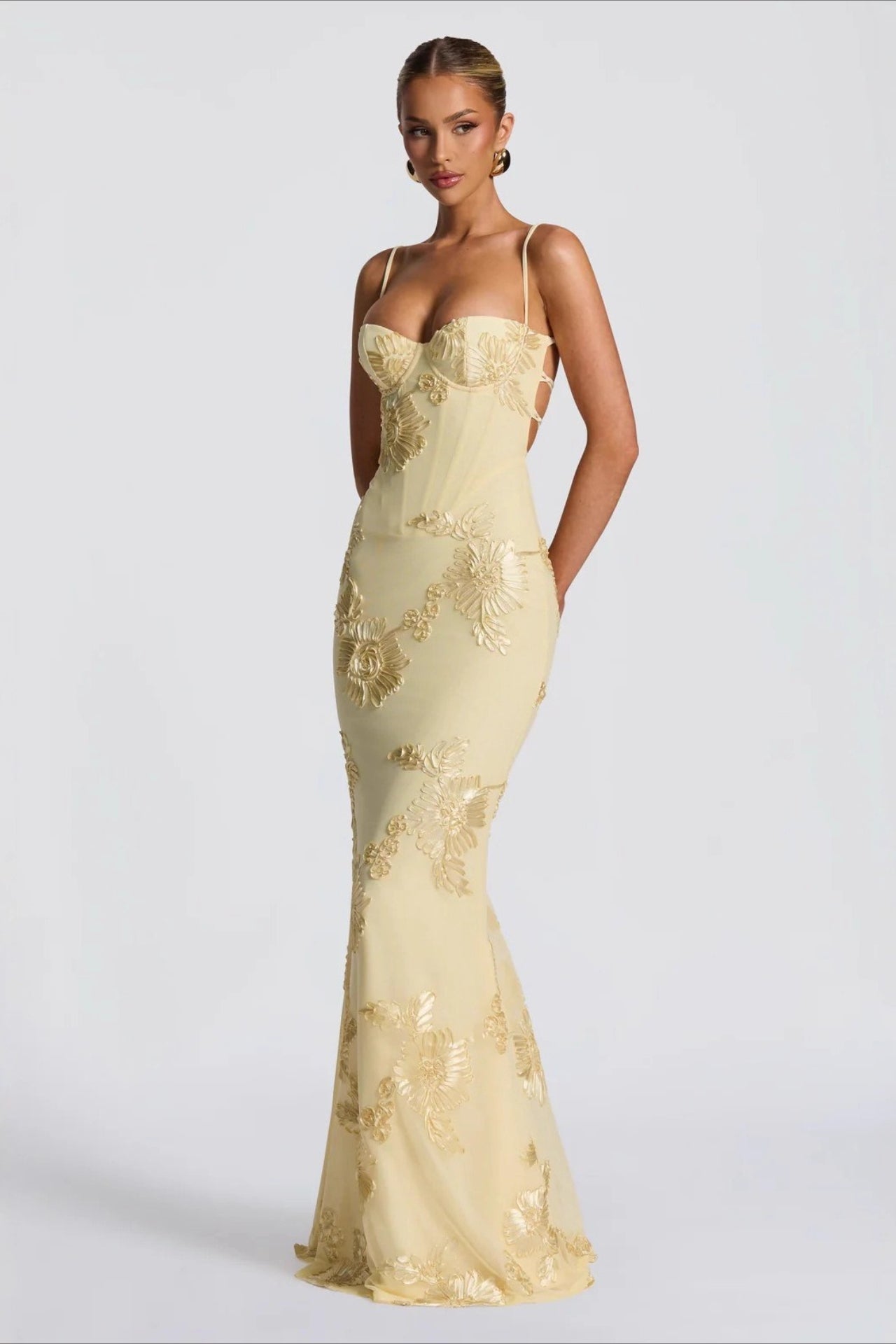 Flower Embellished Slip Gown Prom Dress