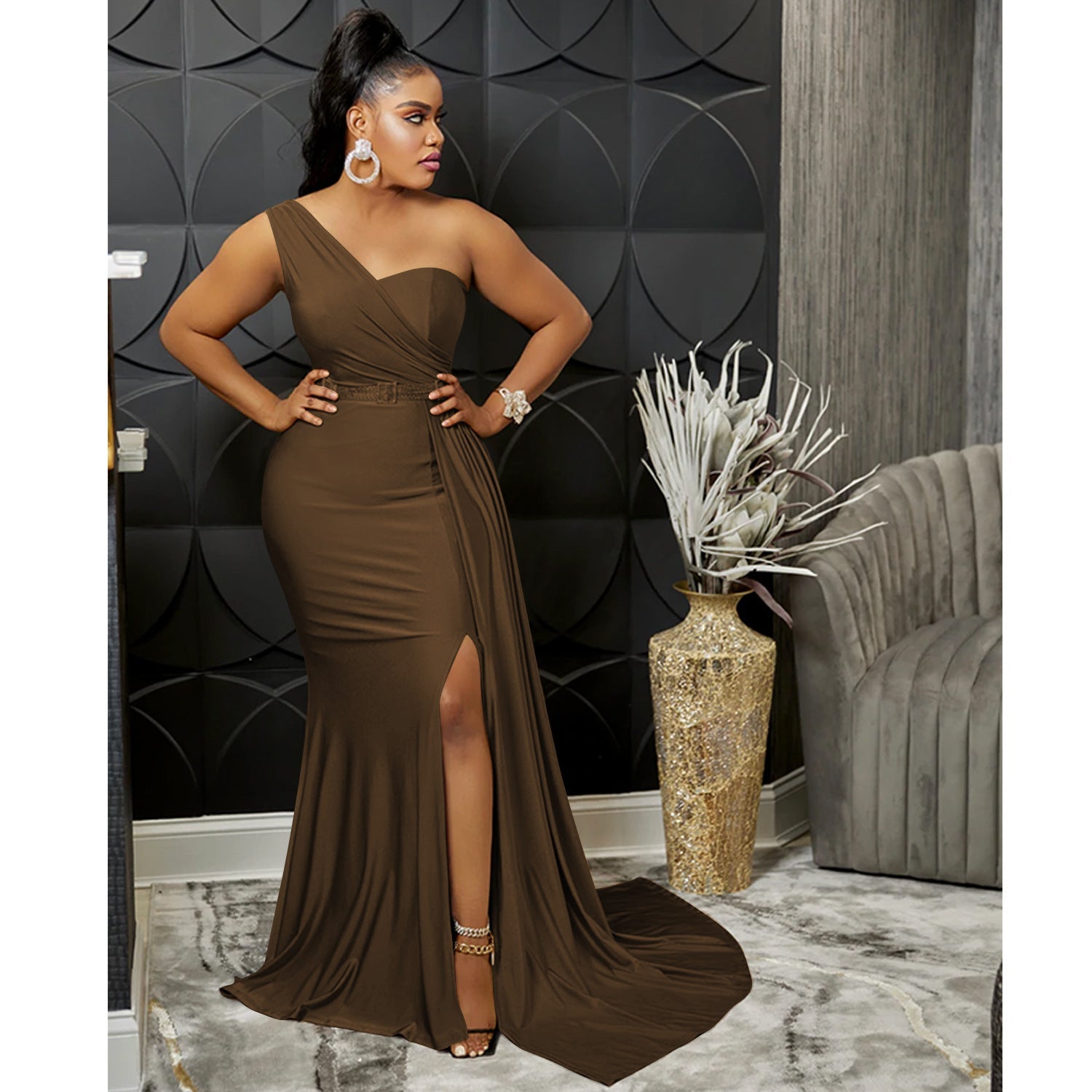 Solid Color Party Tight One Shoulder Sleeved Dress Maxi Dress Women