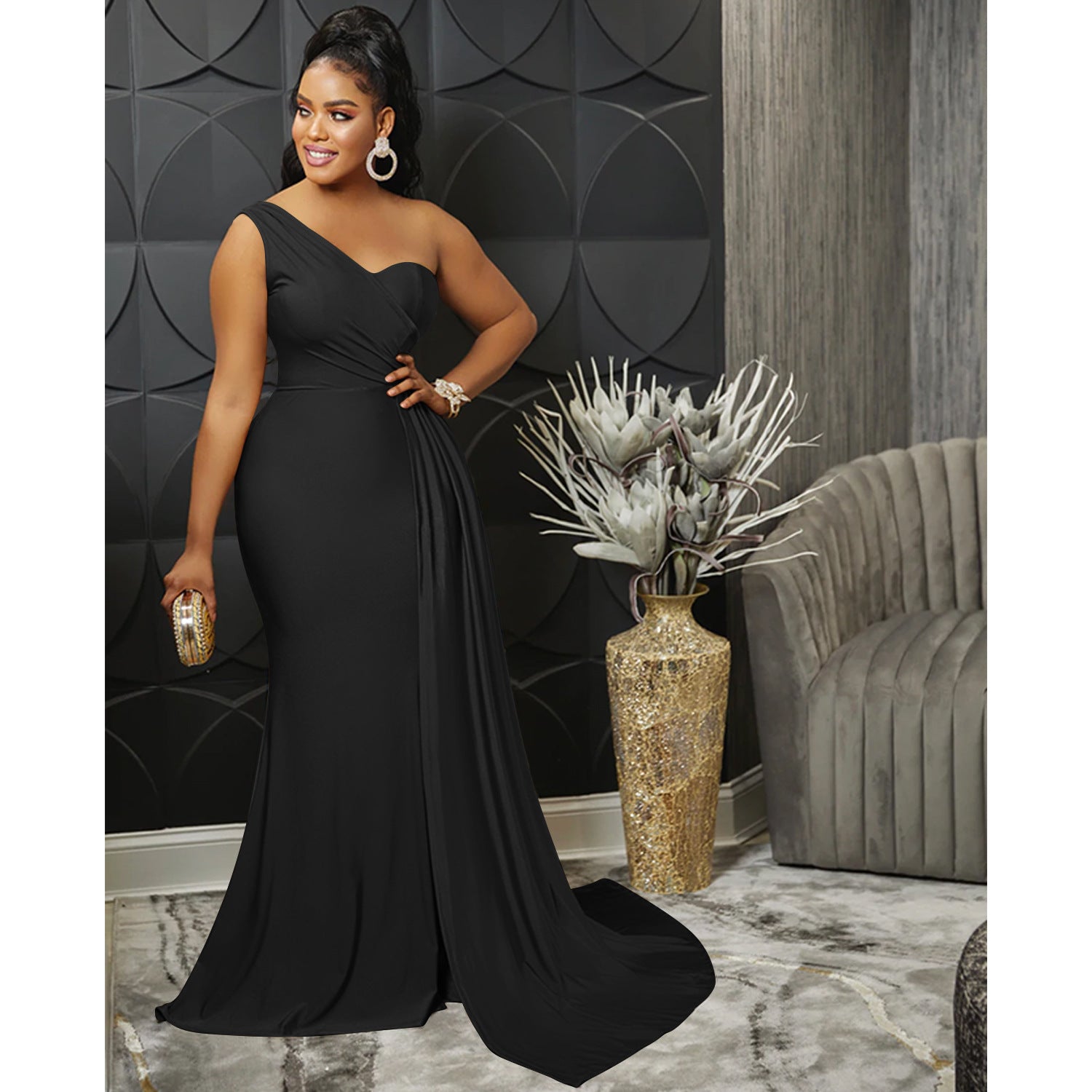 Solid Color Party Tight One Shoulder Sleeved Dress Maxi Dress Women
