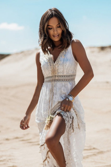 Chic Bohemian Lace Spliced Flare Maxi Boho Dress